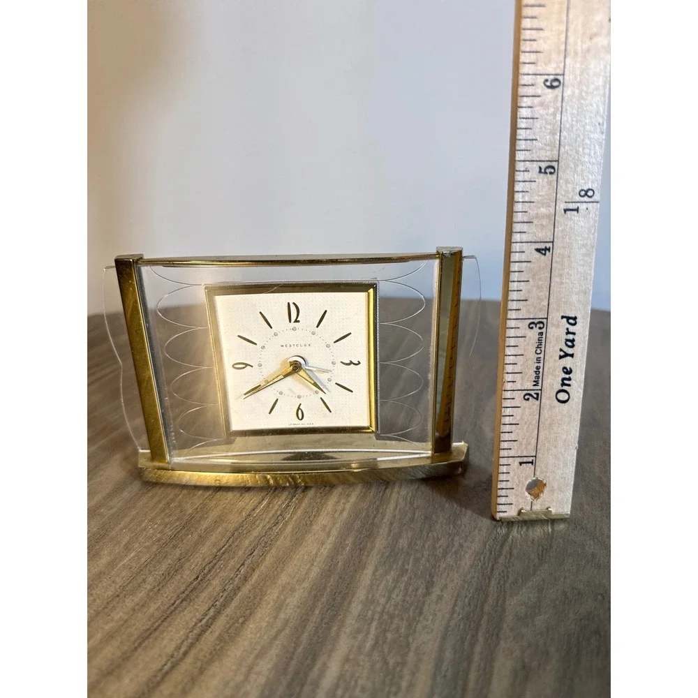 Vintage Westclox Alarm Clock Gold Mid Century Modern Acrylic Atomic Etched Works